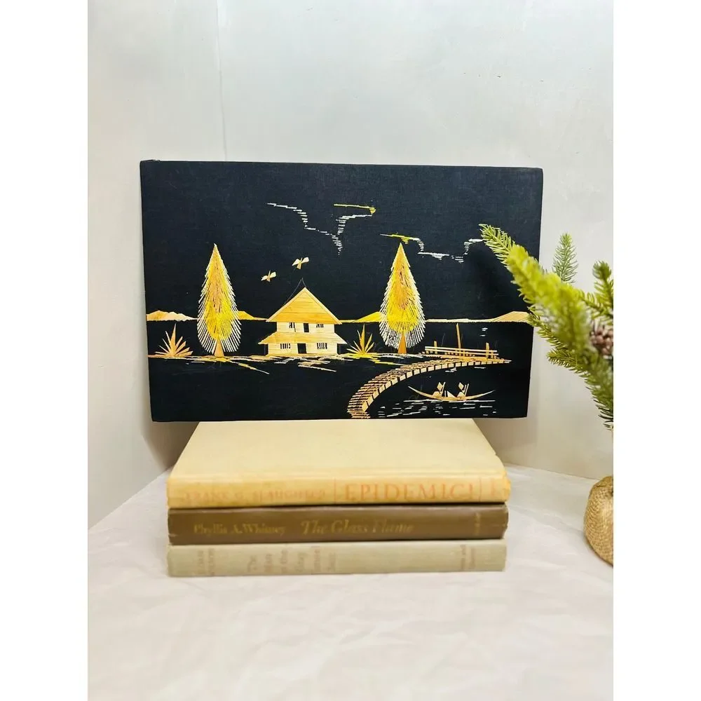 Vintage Asian Rice Straw Landscape Village Art, Black Silk Wall Board, Natural F